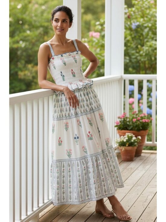 Dresses & Skirts - Retro Granny Floral Smock Ruffle Frill Square Neck Tiered Side Pocket Maxi Dress